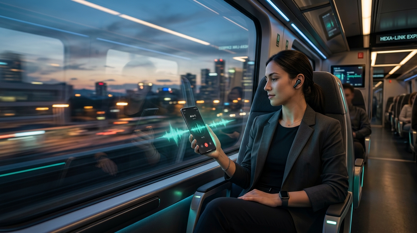 Commuter practicing English with AI on express train